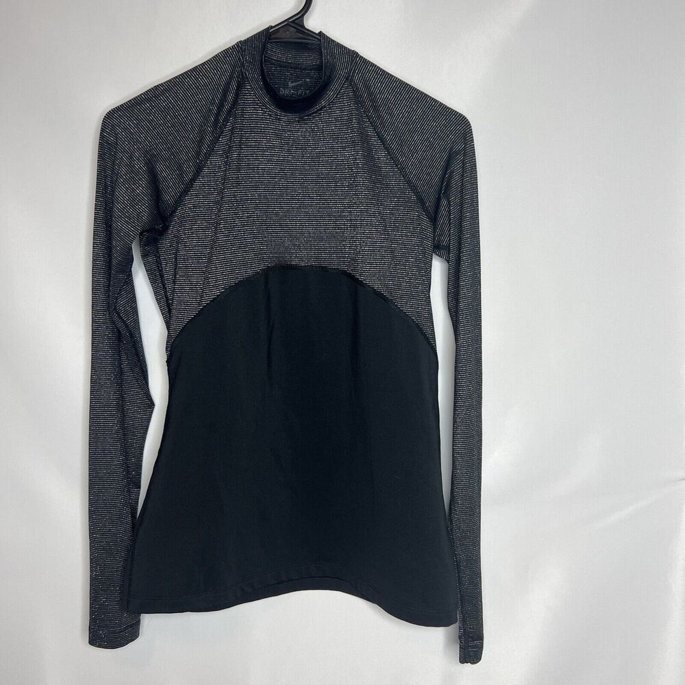 NIKE Dry-Fit Shirt Womens Small Black Sparkle Gray Long Sleeve Mock Neck